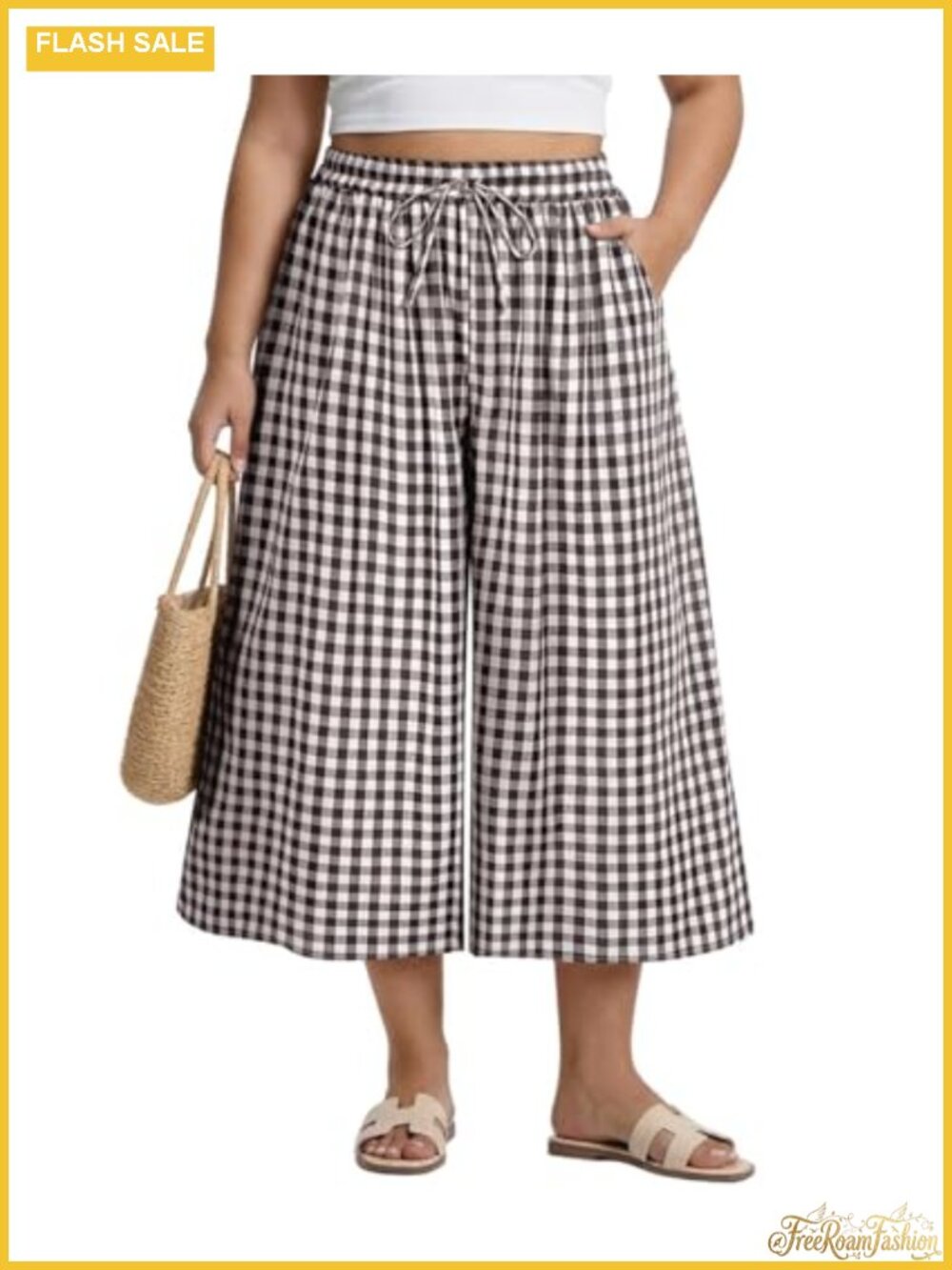 Plus Size Wide Leg Capri Pants Linen Blend Palazzo Petite